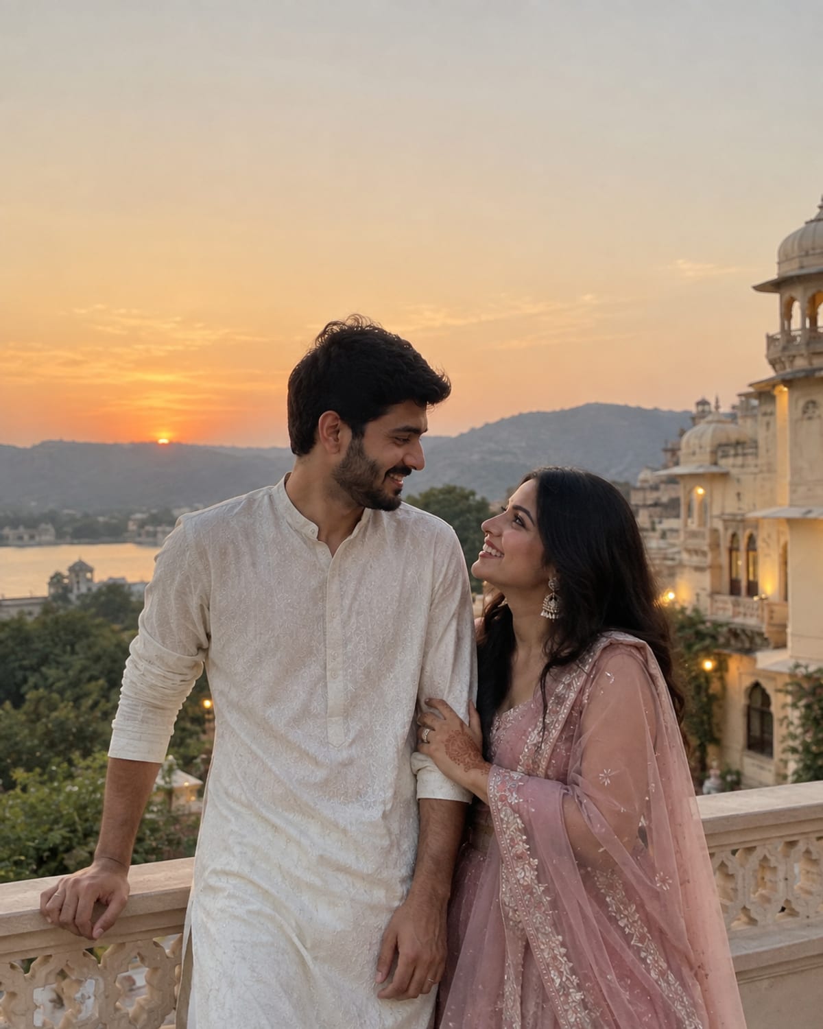 Ananya and Vikram on a palace terrace in Jaipur at sunset, in a white kurta and a rose-pink lehenga, their wedding invitation cover photograph