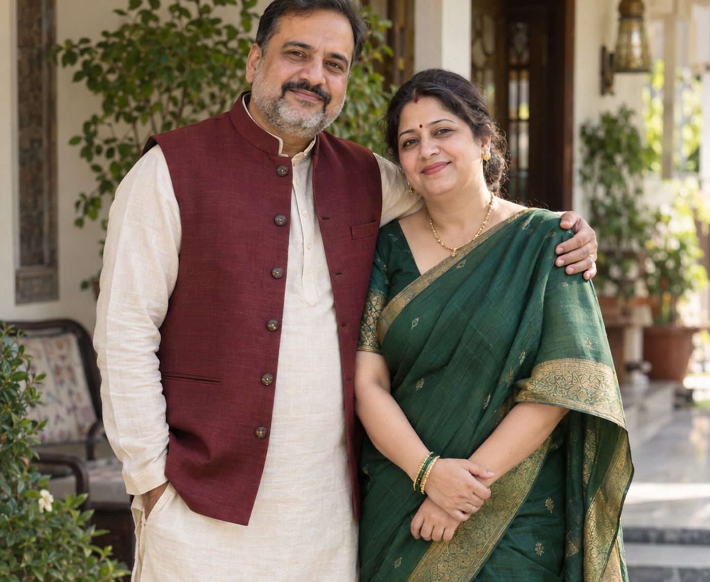 Ananya’s parents on the veranda at home, in a maroon bandhgala and a green silk saree