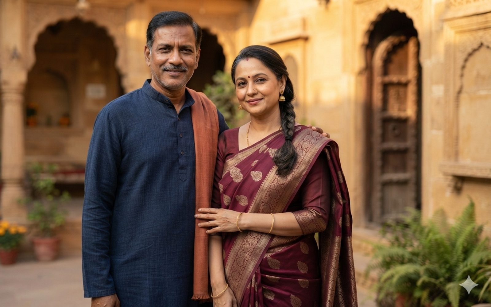 Vikram’s parents in a sandstone courtyard, in a navy kurta and a maroon saree