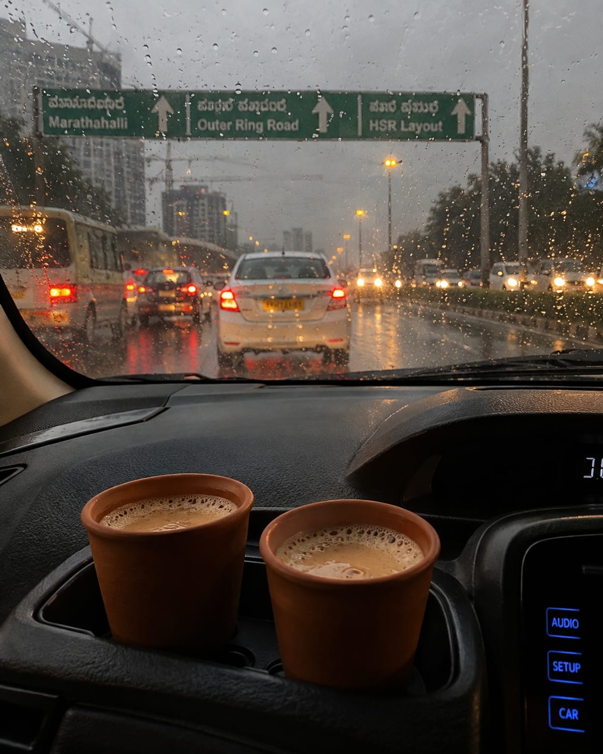 Two clay cups of chai on a car dashboard in monsoon traffic on Outer Ring Road, Bengaluru, where Ananya and Vikram first met