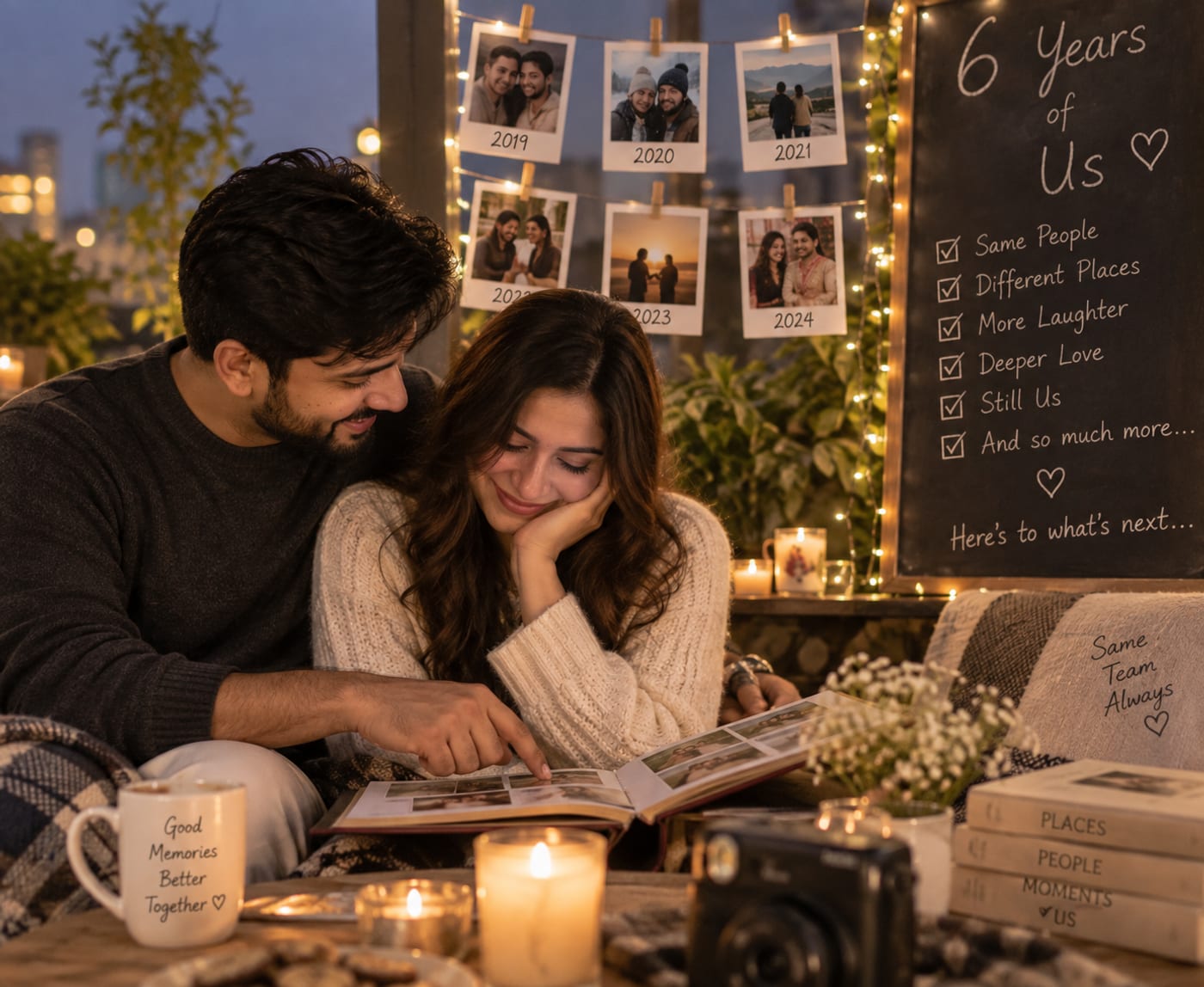Ananya and Vikram looking through a photo album on a terrace, six years of pinned-up photographs and fairy lights behind them