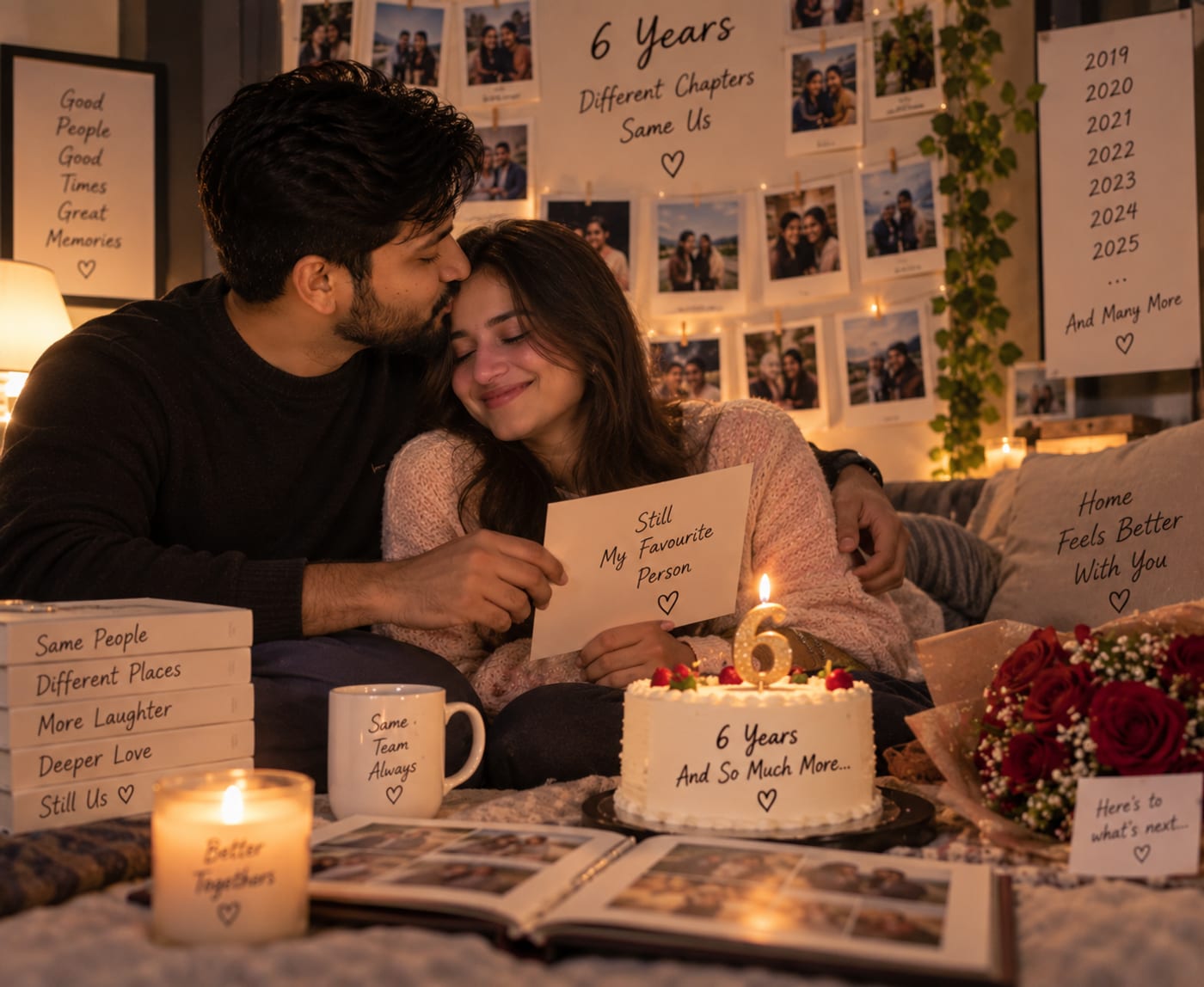 A sixth anniversary cake and a handwritten note between Ananya and Vikram, a wall of photographs behind