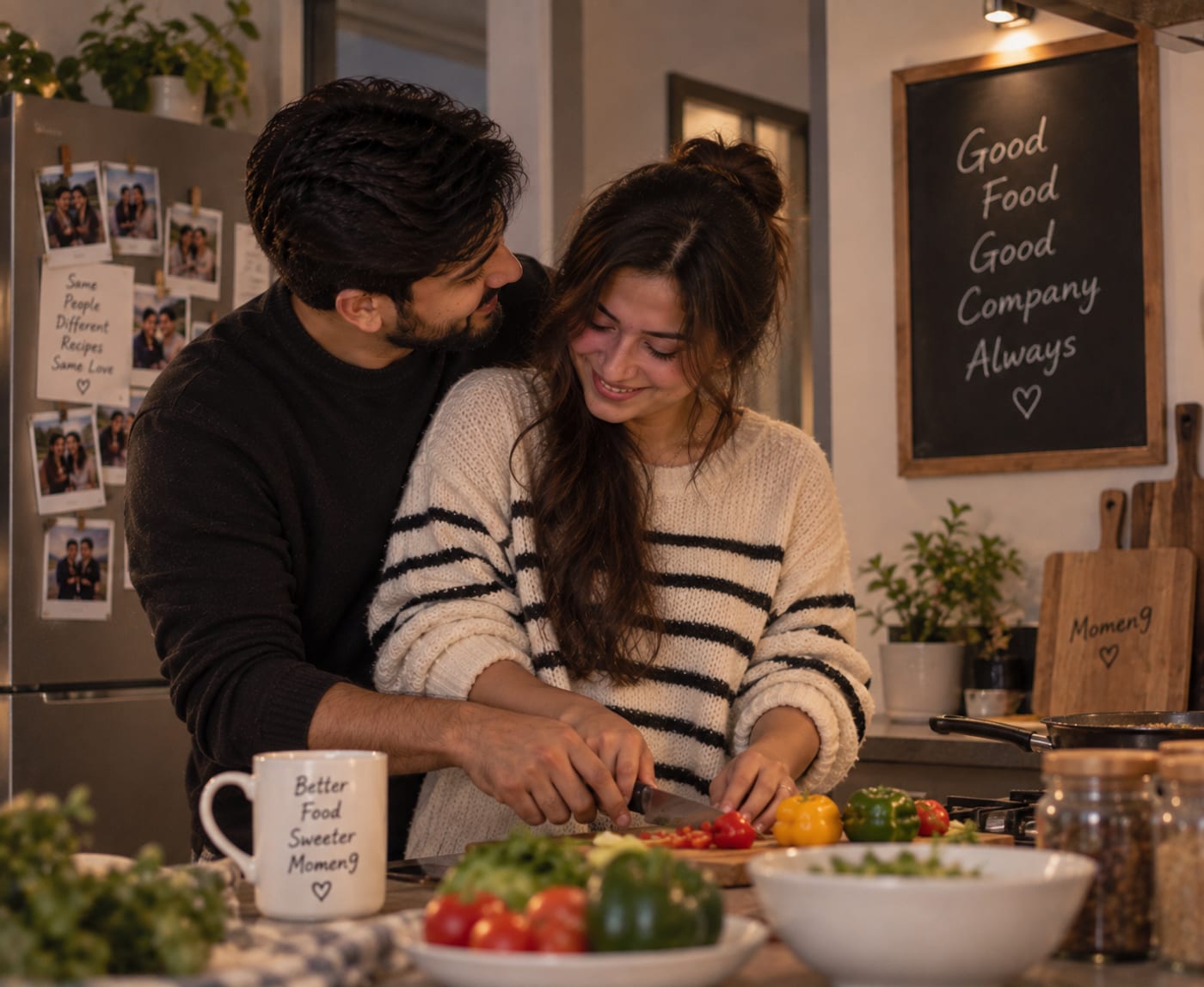 Ananya and Vikram cooking together in their kitchen, photographs pinned to the fridge