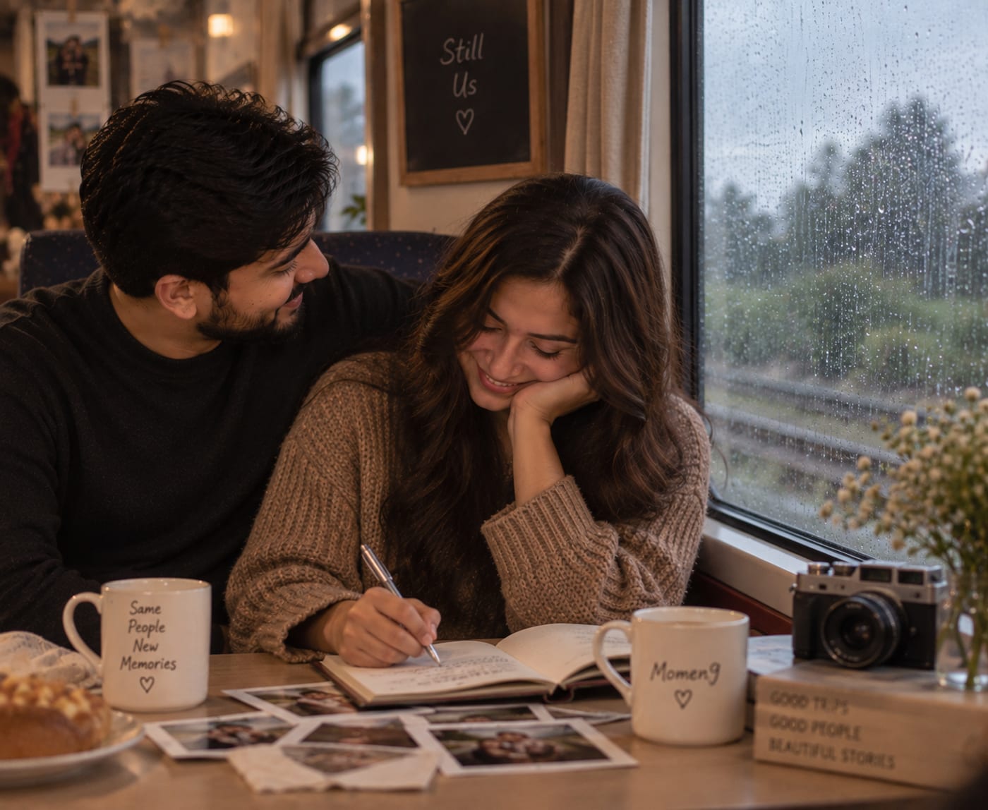 Ananya writing in a travel journal beside Vikram on a train, rain on the window