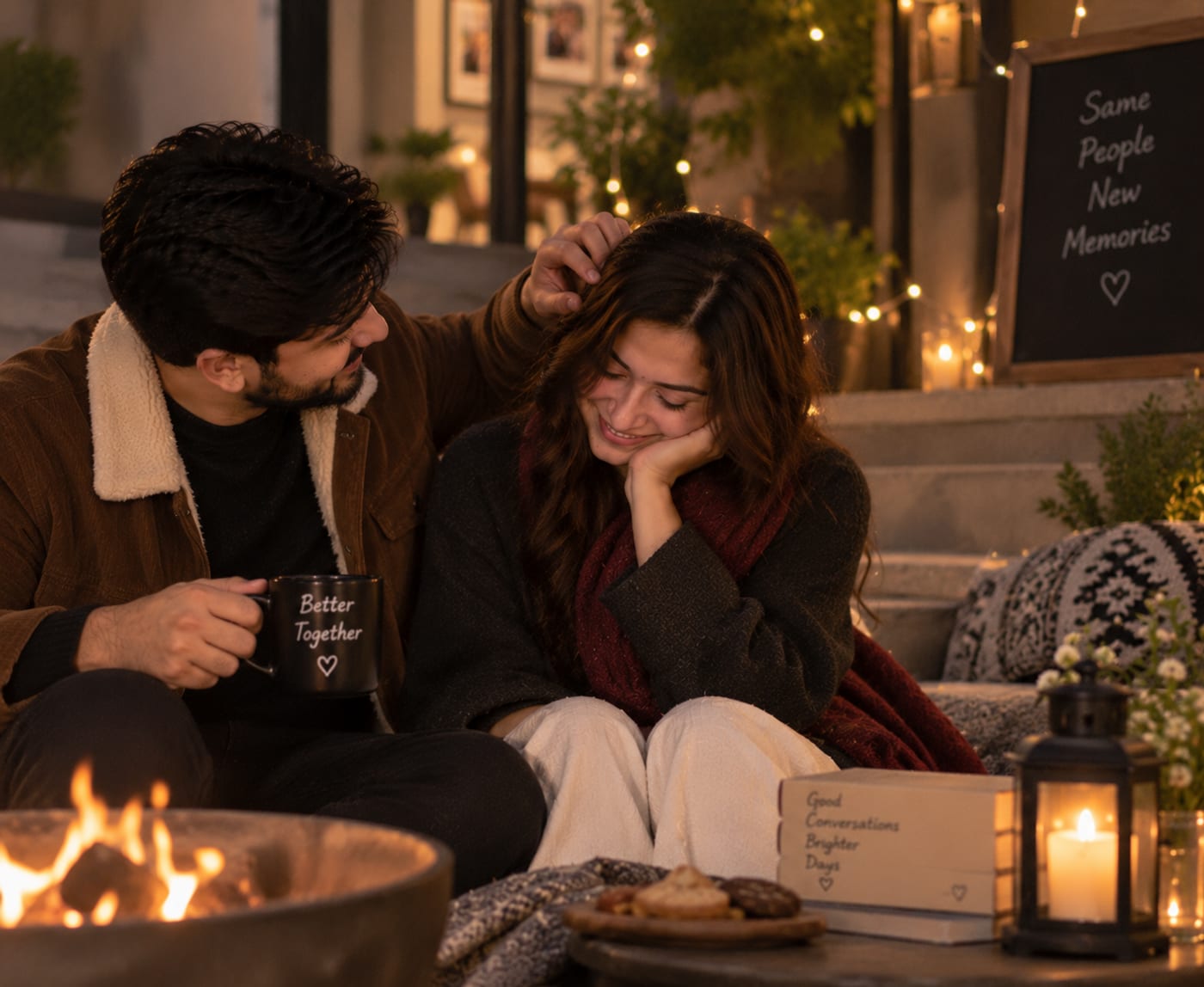Ananya and Vikram wrapped up beside a fire pit on a winter evening, a lantern and fairy lights around them