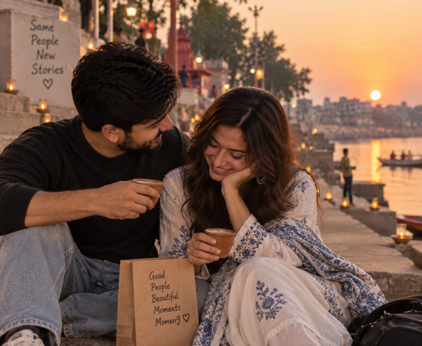 Ananya and Vikram sharing chai in clay cups on the ghats at sunset, diyas lit on the steps